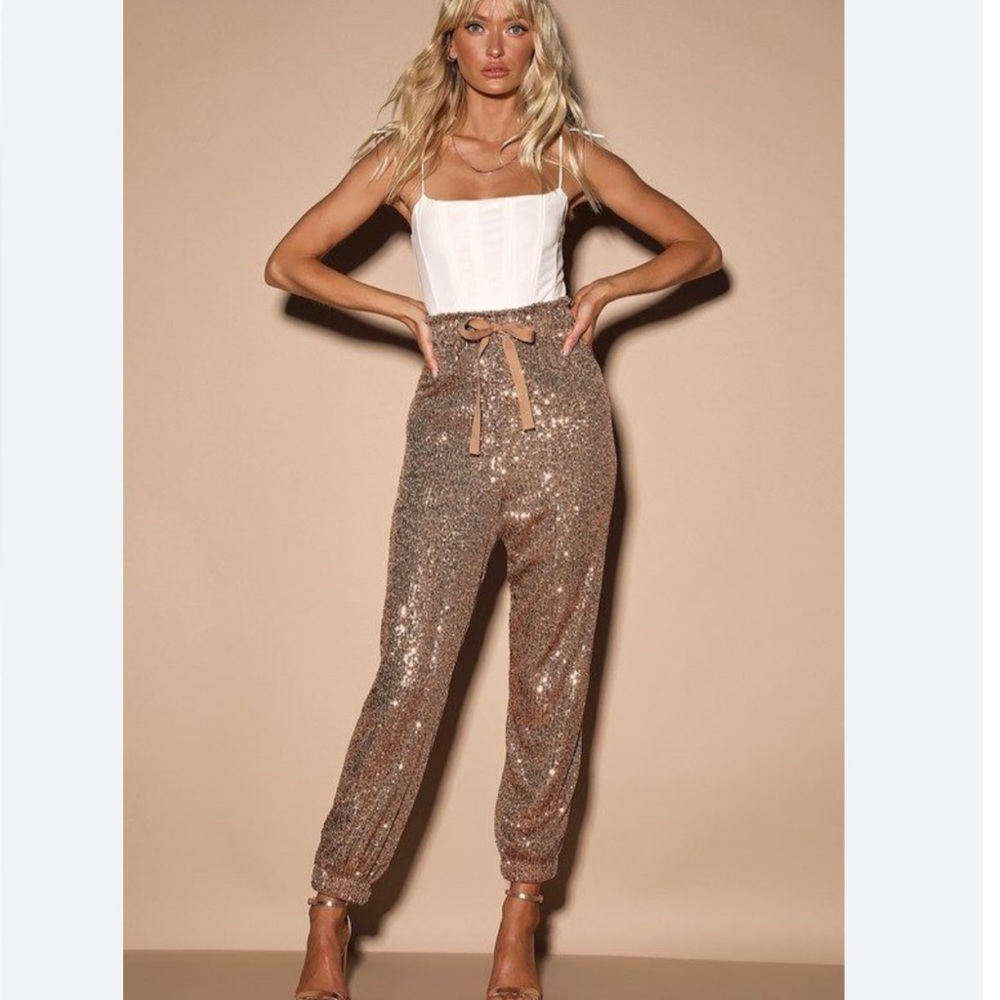 rose gold sequin joggers - outfit inspo - last three pics are actual item :)